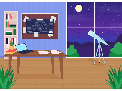 天文学家工作场所平面彩色矢量图(Astronomers workplace flat color vector illustration)