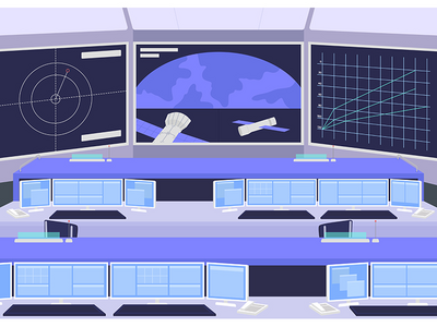 任务控制中心平面彩色矢量图(Mission control center flat color vector illustration)