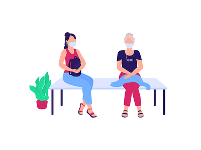 戴着医用口罩的病人坐在长凳上，平面彩色矢量不露面人物(Patients in medical masks sitting on bench flat color vector faceless characters)