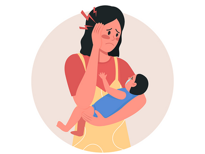 沮丧的母亲 2D 矢量 web 图标。横幅、海报(Depressed mother 2D vector web icon. banner, poster)