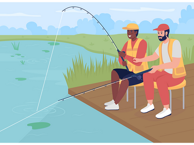 钓鱼与朋友平面彩色矢量图(Fishing with friend flat color vector illustration)
