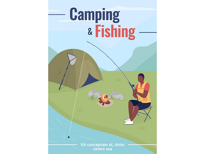 露营和钓鱼海报平面矢量模板(Camping and fishing poster flat vector template)
