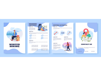 冬季远足平面矢量宣传册模板(Winter hiking flat vector brochure template)