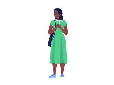 穿着绿色连衣裙半平面彩色矢量字符的快乐女孩(Pleased girl wearing green dress semi flat color vector character)