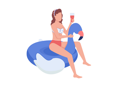 在充气燃烧的半平面彩色矢量字符上带鸡尾酒的女人(Woman with cocktail on inflatable flaming semi flat color vector character)
