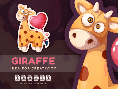 爱与心气球的长颈鹿 - 可爱的贴纸(Love Giraffe With Heart Balloon - Cute Sticker)