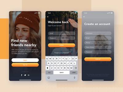 登录、注册-社交移动 UI 概念(Login , Sign up - Social mobile UI concept)