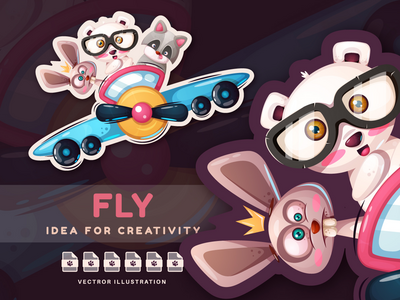 动物乘飞机旅行 - 可爱的贴纸(Animal Travel By Plane - Cute Sticker)