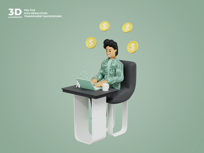 使用笔记本电脑工作的 3d 男性角色(3d male character working using laptop)