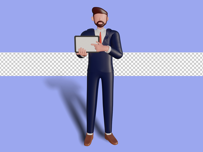 3d男性角色手持平板电脑进行演示。Psd溢价(3d male character holding tablet for presentation. Psd Premium)