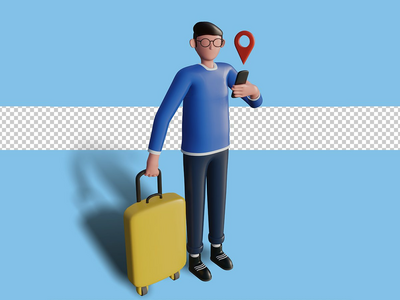 拿着智能手机去度假的角色的 3d 插图(3d illustration of a character going on vacation while holding a smart phone)