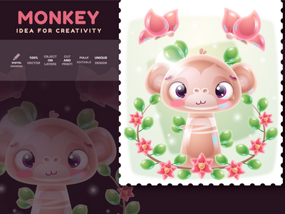 猴子与蝴蝶-时尚插画(Monkey With Butterfly - Stylish Illustration)