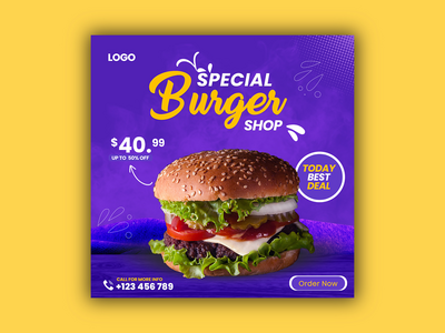 汉堡店促销社交媒体帖子和 Instagram 帖子设计(Burger shop promotion social media post and instagram post design)