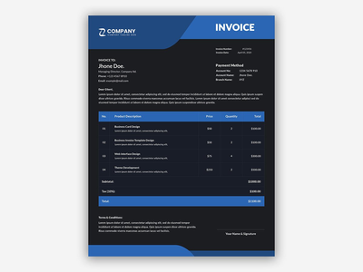 深蓝色抽象业务发票模板(Dark blue abstract business invoice template)