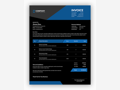 专业公司深色，带蓝色商业发票模板(Professional corporate dark with blue business invoice template)