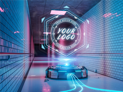 未来派地铁走廊模型中的标志投影仪(Logo projector in futuristic subway corridor mockup)