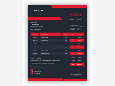 专业抽象深色与红色商业发票模板设计(Professional abstract dark with red color business invoice template design)