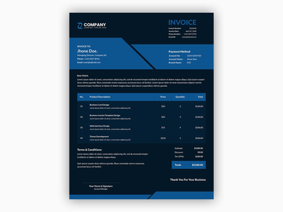 带有蓝色公司业务发票模板的抽象深色(Abstract dark with blue color corporate business invoice template)
