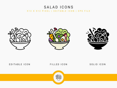 沙拉图标设置矢量图和实线图标线条样式(Salad icons set vector illustration with solid icon line style)