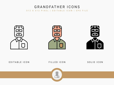 祖父图标设置矢量图和实线图标线条样式(Grandfather icons set vector illustration with solid icon line style)