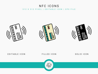 NFC 图标设置矢量图和实线图标线条样式(NFC icons set vector illustration with solid icon line style)