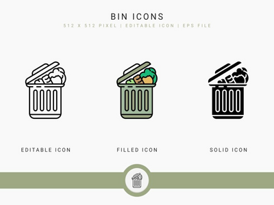 Bin 图标设置矢量图和实线图标线条样式(Bin icons set vector illustration with solid icon line style)