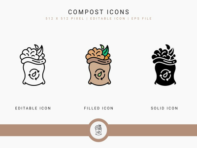 堆肥图标设置矢量图和实线图标线条样式(Compost icons set vector illustration with solid icon line style)