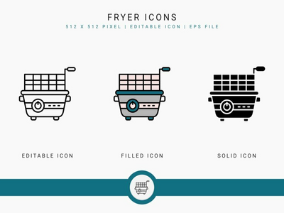 油炸锅图标设置矢量图和实线图标线条样式(Fryer icons set vector illustration with solid icon line style)