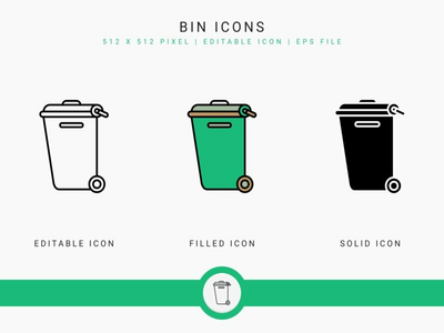 Bin 图标设置矢量图和实线图标线条样式(Bin icons set vector illustration with solid icon line style)
