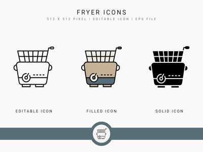油炸锅图标设置矢量图和实线图标线条样式(Fryer icons set vector illustration with solid icon line style)