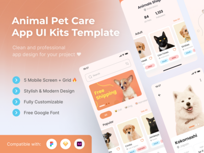 动物宠物护理移动应用程序 UI 套件模板(Animal Pet Care Mobile App UI Kits Template)
