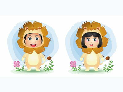穿着狮子服装的可爱情侣(cute couple using the lions costume)