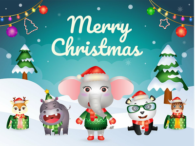 圣诞快乐贺卡与可爱的动物角色(Merry christmas greeting card with cute animals character)
