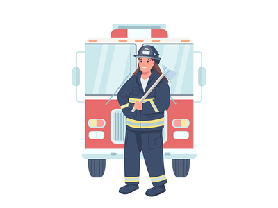 女消防员平面颜色矢量详细字符(Woman firefighter flat color vector detailed character)