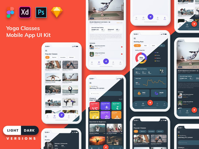 瑜伽课移动应用程序用户界面（浅色和深色）(Yoga Class Mobile App UI (Light & Dark))