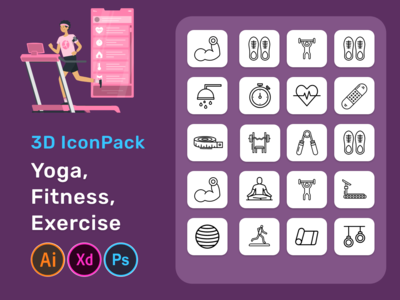 瑜伽，健身，锻炼 3D 图标包(Yoga, Fitness, Exercise 3D Icon Pack)