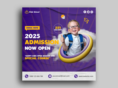 儿童学校教育入学社交媒体发布 Instagram 帖子横幅模板(Kids school education admission Social media post Instagram post banner template)