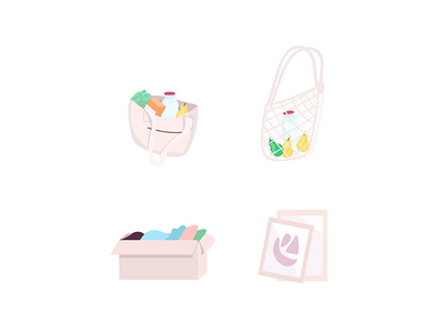 可重复使用的袋子和盒子平面颜色矢量对象集(Reusable bag and box flat color vector objects set)
