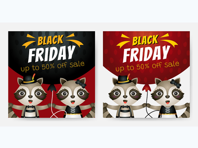 黑色星期五社交媒体帖子，附有浣熊夫妇的插图(Black friday social media post with illustration of raccoon couple)