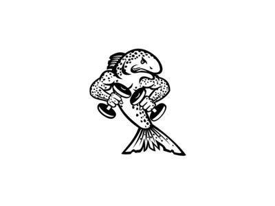 肌肉褐鳟举哑铃举重卡通吉祥物黑白(Muscular Brown Trout Lifting Dumbbell Weights Cartoon Mascot Black and White)