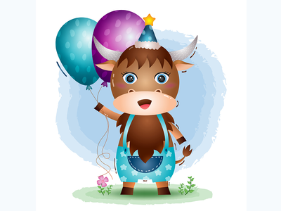一头可爱的水牛，戴着生日帽，拿着气球(a cute buffalo using birthday hat and holds balloon)