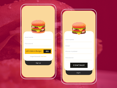 汉堡餐厅应用程序登录和注册页面(Burger Restaurant app log in and sign up page)