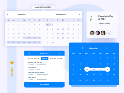 2021 日历 UI 卡、组件、小部件（草图）(2021 Calendar UI Card, Components, Widget (Sketch))