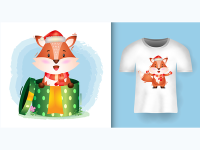 狐狸角色在 T 恤设计的礼品盒中使用圣诞帽和围巾(fox characters using santa hat and scarf in the gift box with t-shirt design)