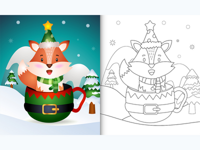 精灵杯中带有可爱狐狸圣诞角色的着色书(coloring book with a cute fox christmas characters  in the elf cup)