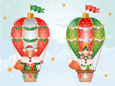 热气球上可爱的狐狸圣诞人物(Cute fox christmas characters on hot air balloon)
