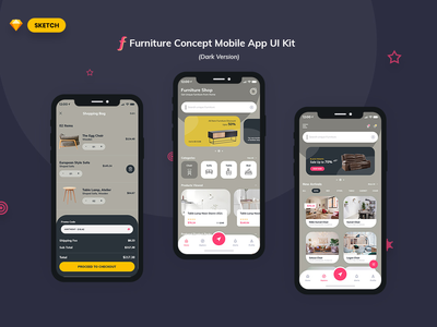 家具应用程序 UI 套件深色版（草图）(Furniture App UI Kit Dark Version (SKETCH))
