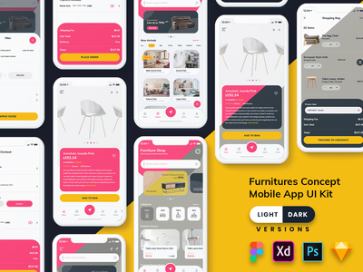 家具移动应用程序 UI 套件（浅色和深色）(Furniture Mobile App UI Kit (Light & Dark))