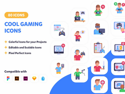 80 个很酷的游戏图标-平面矢量(80 Cool Gaming Icons - Flat Vectors)
