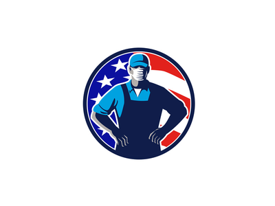 杂货店工人戴着面具美国国旗圈复古(Grocery Worker Wearing Mask USA Flag Circle Retro)